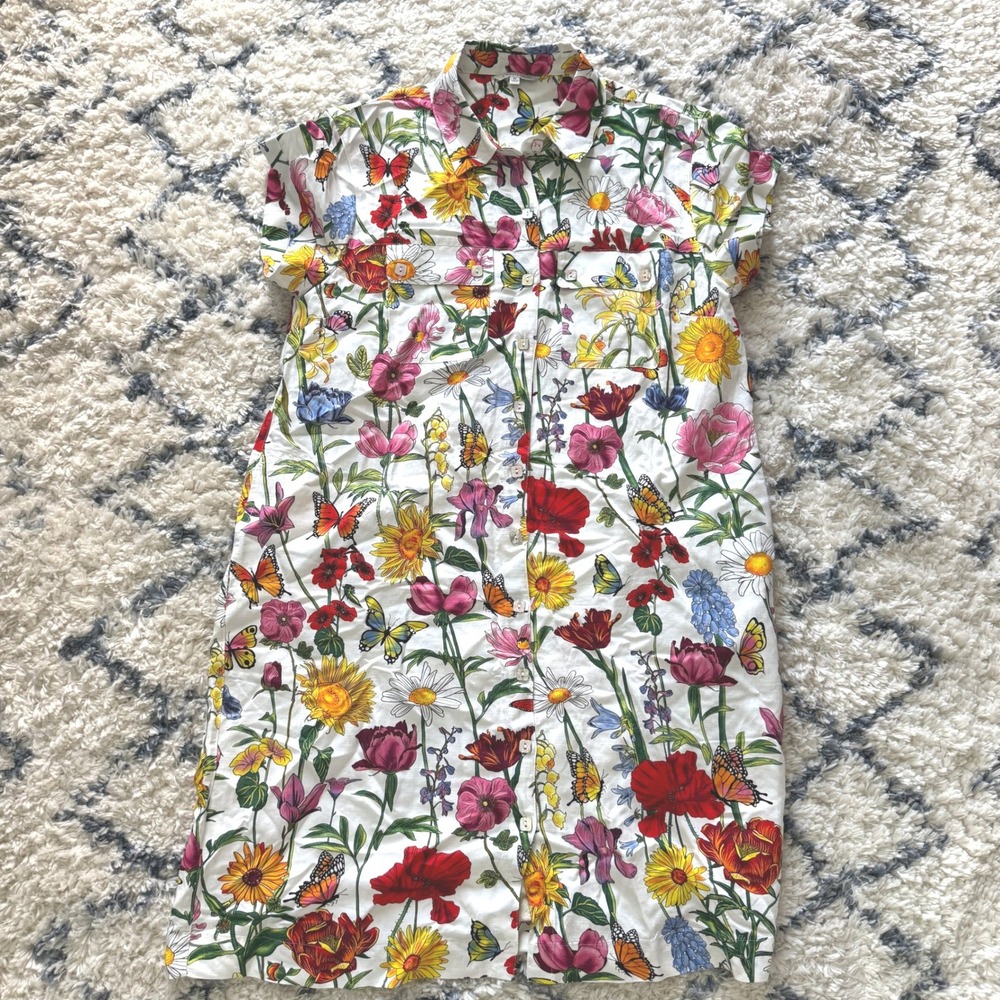 John + Mark Floral Butterfly Shirt Dress Womens M Linen White Multi Button Front